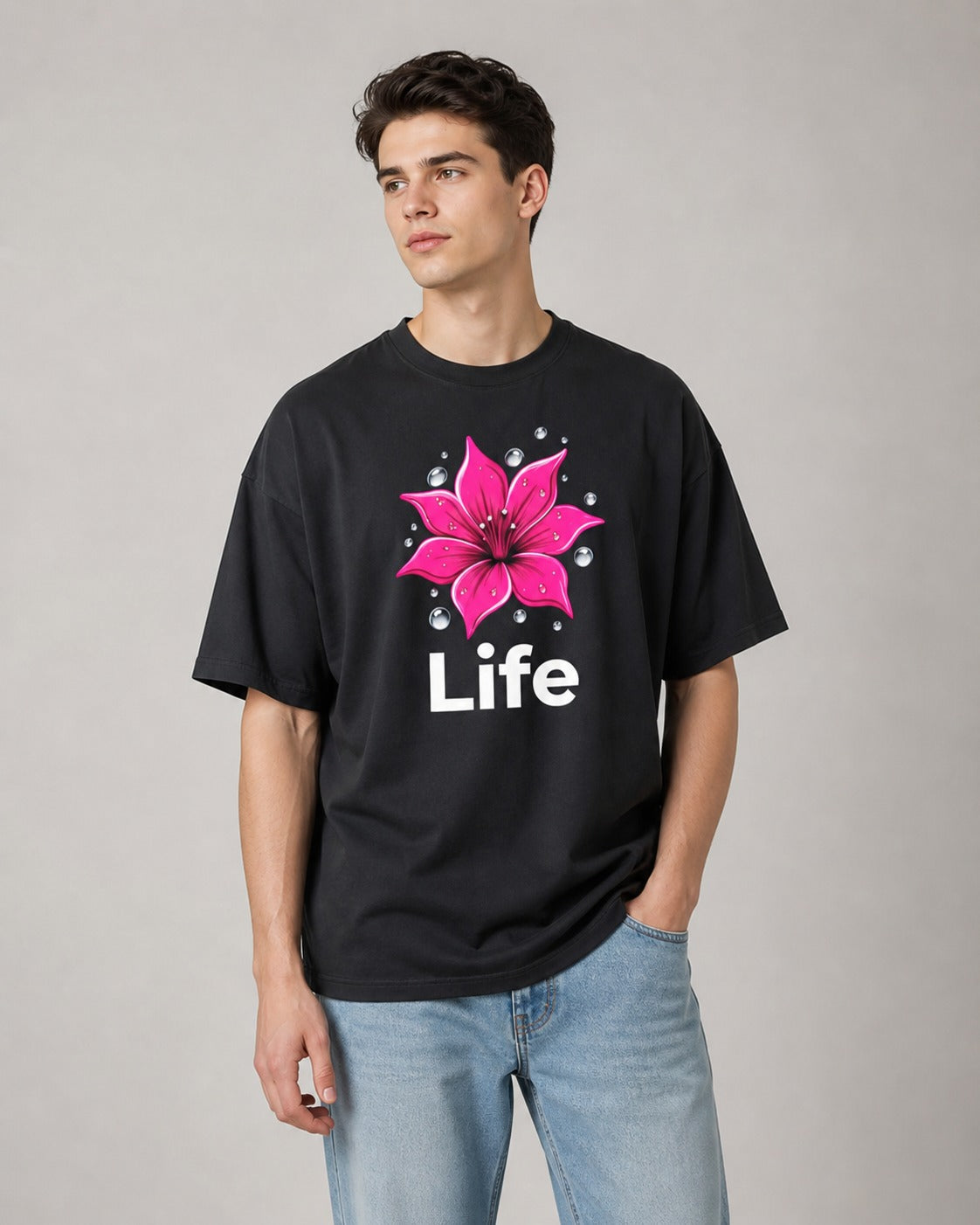 Life Printed Oversized 240 GSM French Terry 100% Cotton T-Shirt for Men