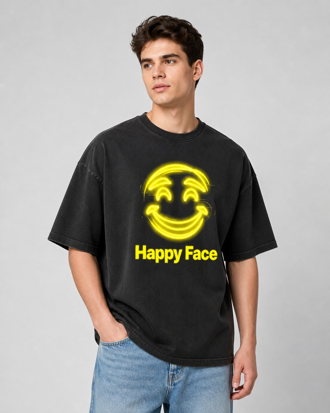 Happy Smile Printed Oversized 240 GSM French Terry 100% Cotton T-Shirt for Men