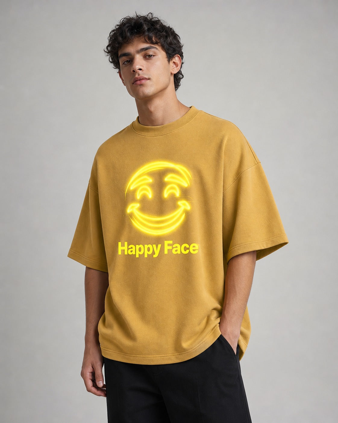 Happy Smile Printed Oversized 240 GSM French Terry 100% Cotton T-Shirt for Men