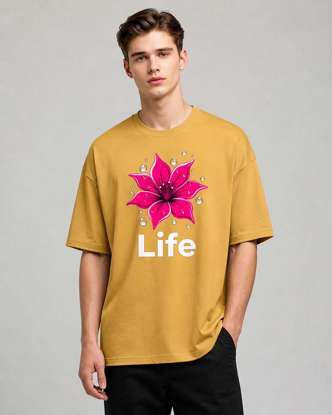 Life Printed Oversized 240 GSM French Terry 100% Cotton T-Shirt for Men