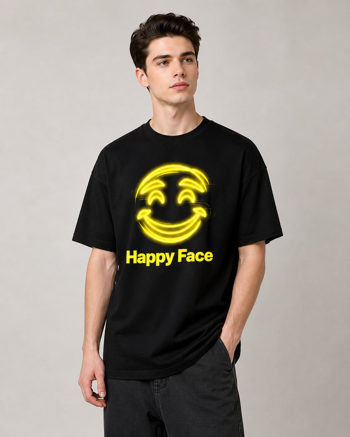 Happy Smile Printed Oversized 240 GSM French Terry 100% Cotton T-Shirt for Men